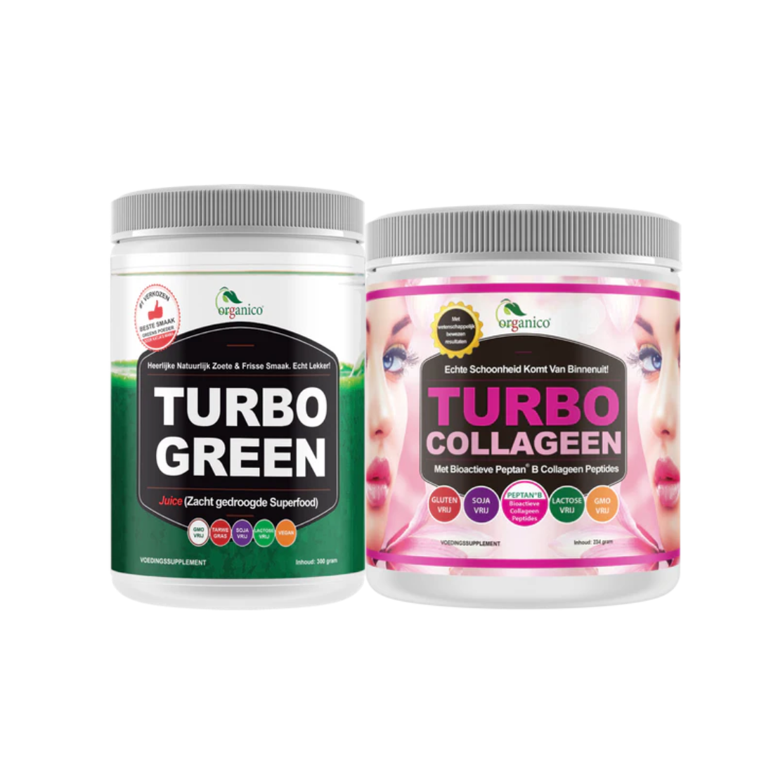 Twee potten Organico Turbo Green superfood en Turbo Collageen supplement, productverpakking
