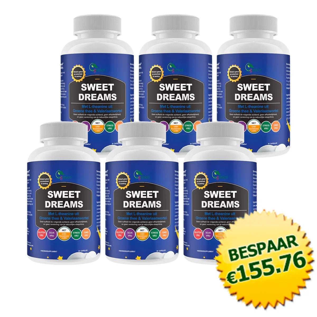 Zes potten Sweet Dreams supplement met bespaar €155,76 label, slaap ondersteunen
