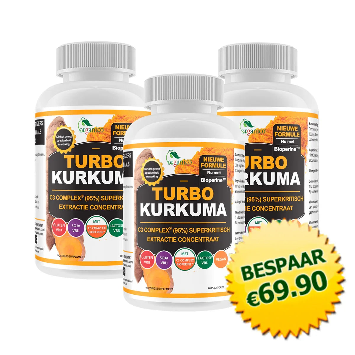 Drie potten Turbo Kurkuma supplement met bespaar €69,90 actie, vegan en glutenvrij.