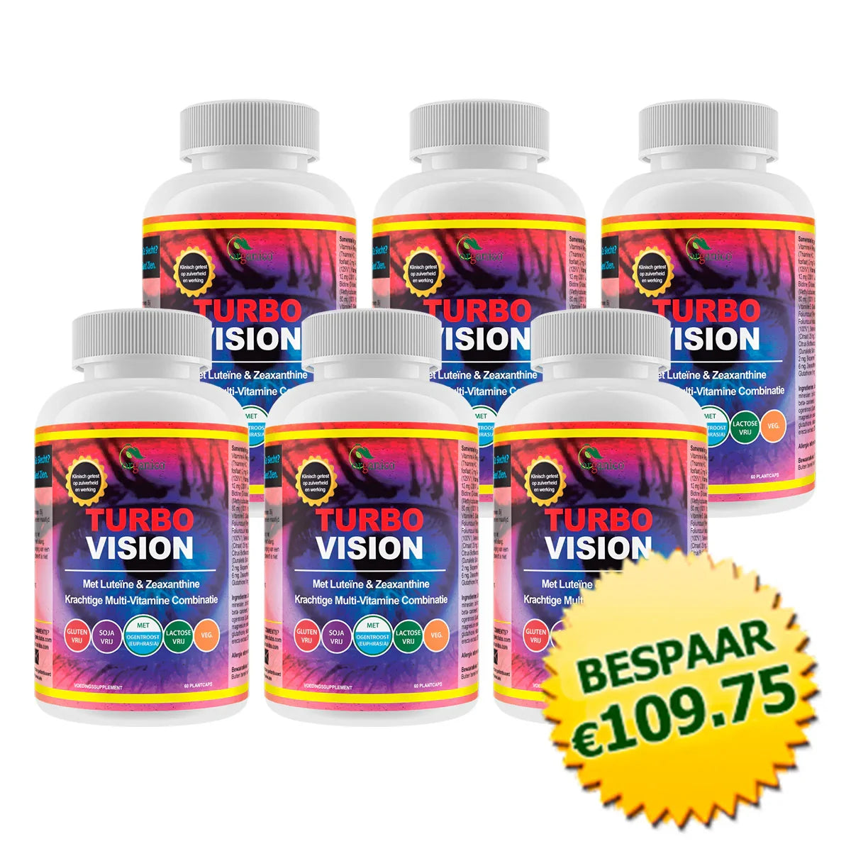 Zes flessen Turbo Vision supplement met bespaarsticker, multivitamine voor ogen, aanbieding