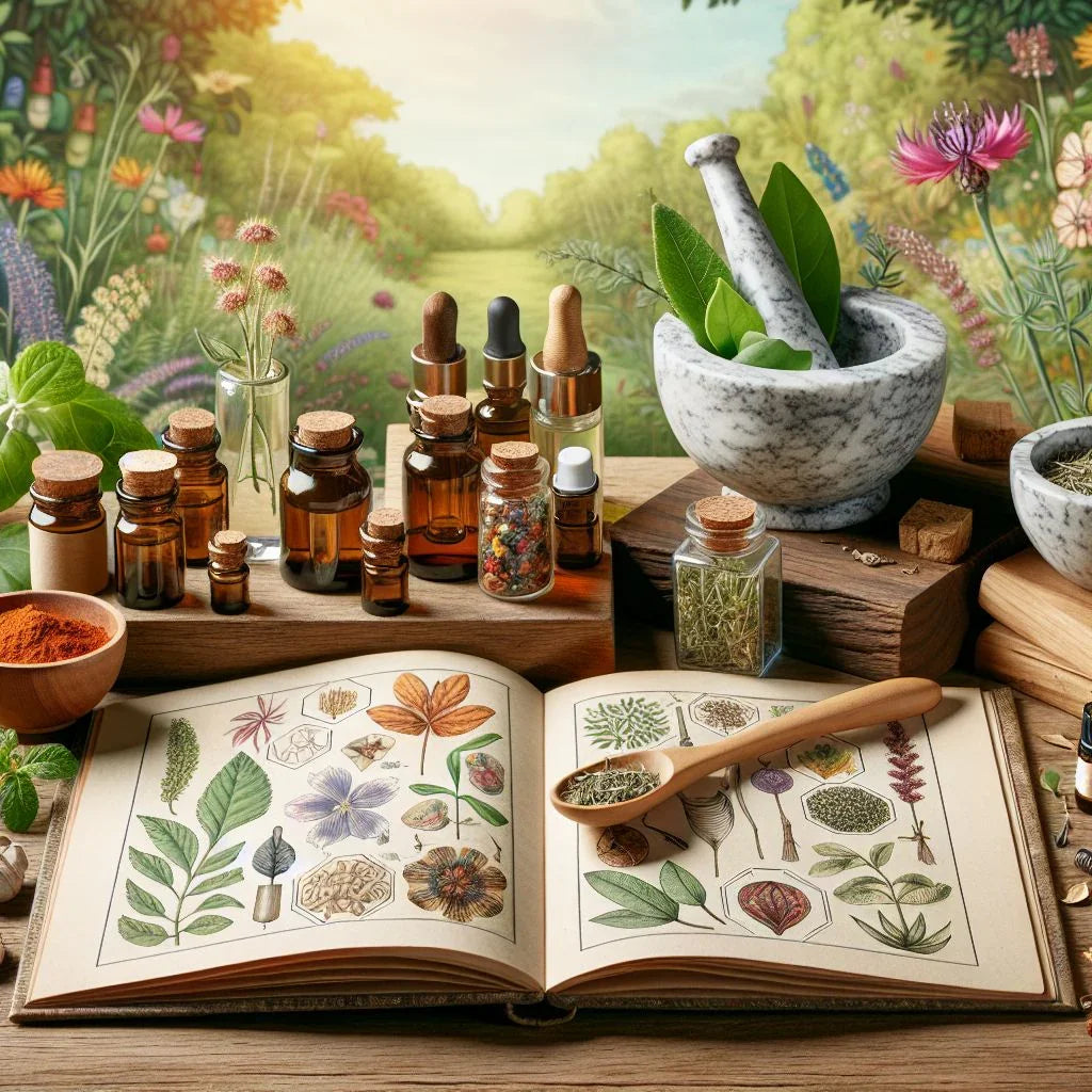 Natuurproducten, glazen flesjes, kruiden, vijzel en botanisch boek op houten tafel in tuin.