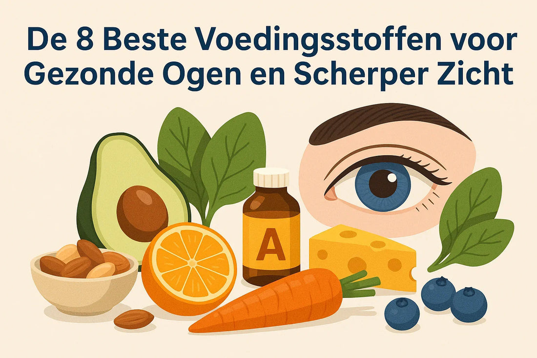 Illustratie met oog, verschillende voedingsmiddelen, tekst 'De 8 Beste Voedingsstoffen voor Gezonde Ogen en Scherper Zicht'.