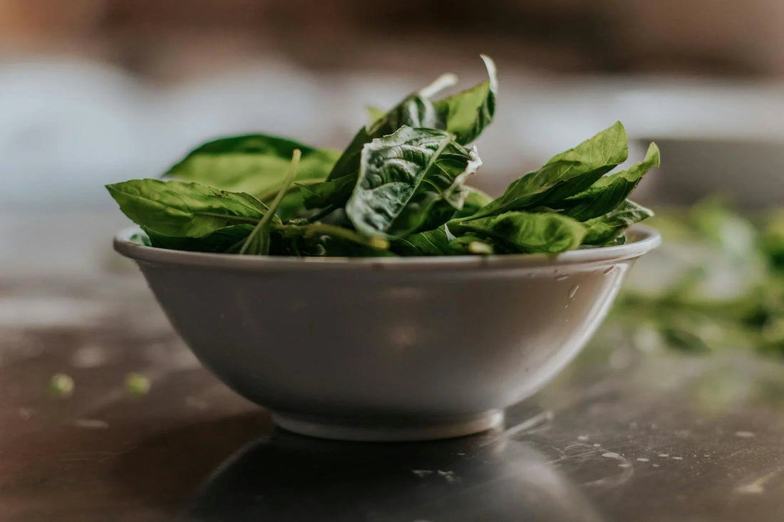 Kom met verse basilicumblaadjes op tafel, keuken close-up