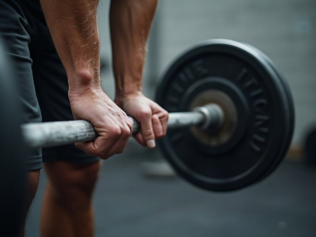 Handen van een man om een halterstang met gewichtsschijven in een sportschool