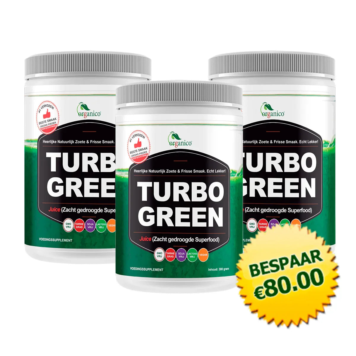 Drie potten Turbo Green superfood poeder van Organico met bespaar €80 sticker