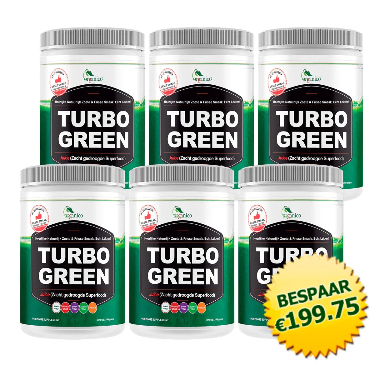 6 potten Organico Turbo Green superfood poeder met gele bespaar €199,75 label