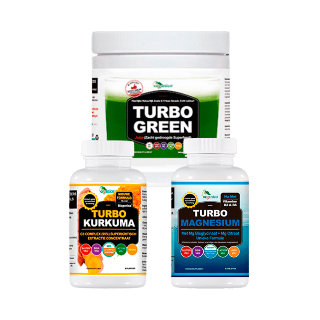 Organico supplementen: pot Turbo Green poeder, flessen Turbo Kurkuma en Turbo Magnesium
