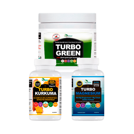 Organico supplementen: pot Turbo Green poeder, flessen Turbo Kurkuma en Turbo Magnesium