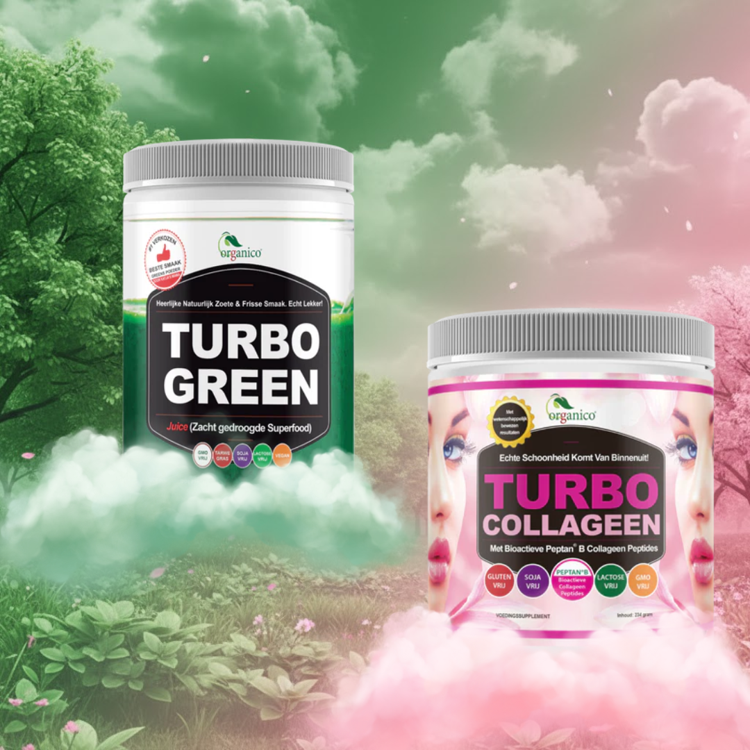 Twee potten Organico Turbo Green en Turbo Collageen supplementen in groene en roze natuur.