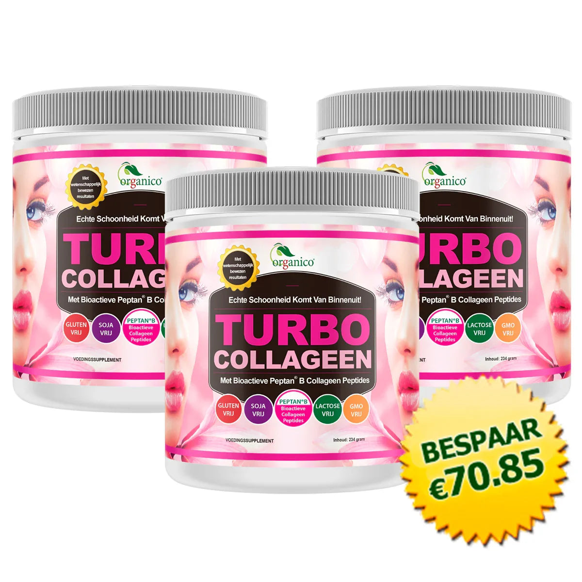 Drie potten Orgánico Turbo Collageen poeder met bespaarbadge, collageensupplement