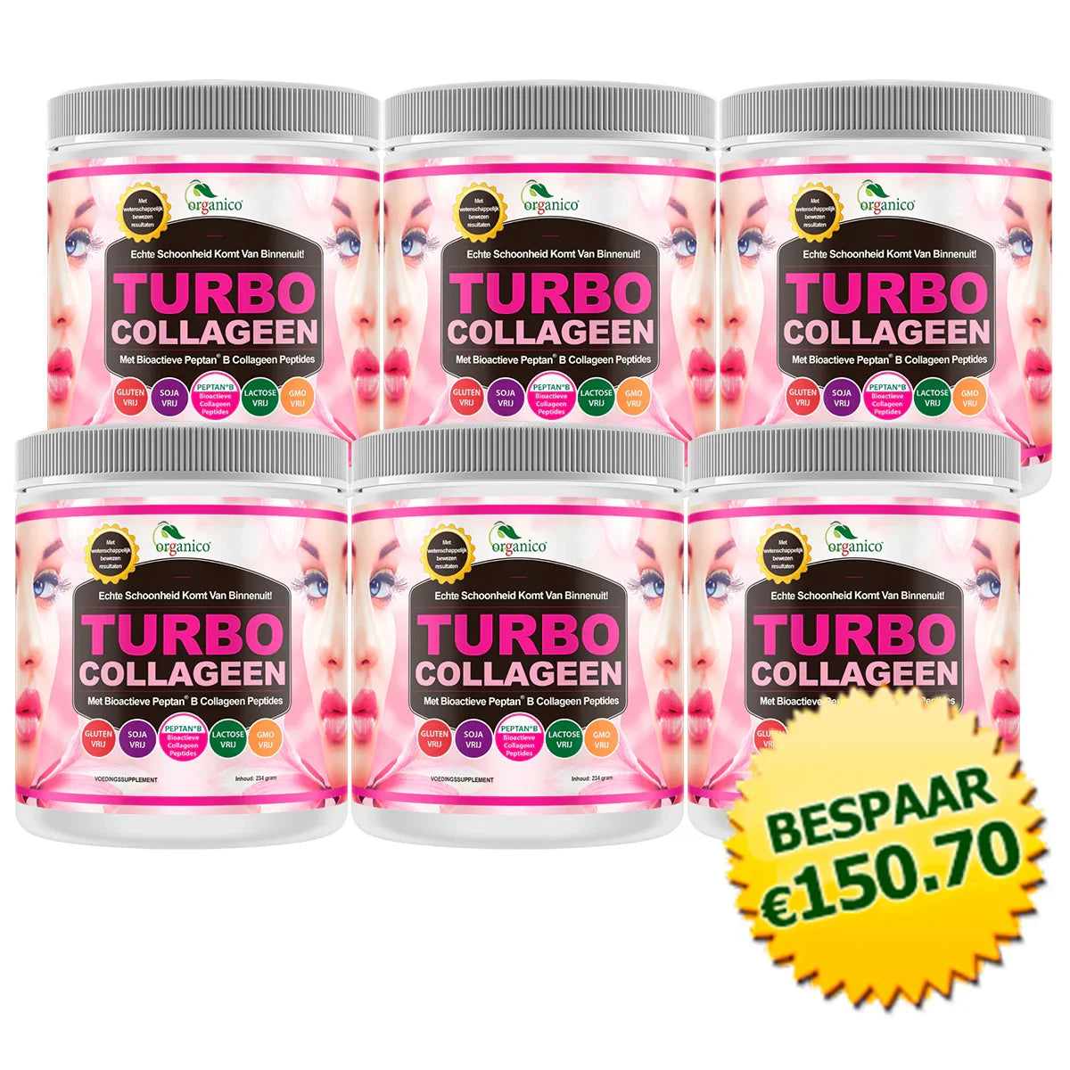 Orgánico Turbo Collageen 6-pack potten collageenpoeder, aanbieding bespaar €150,70