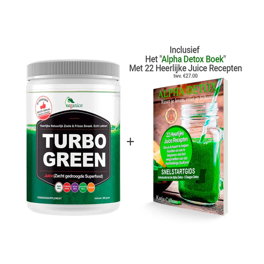 Turbo Green superfood poeder en Alpha Detox boek met 22 groene smoothie recepten