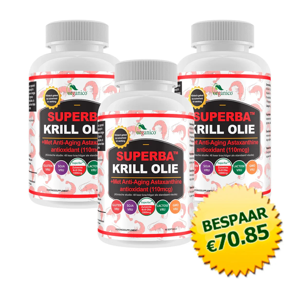 Drie potten Superba krill olie supplement met bespaar €70,85 label, antioxidanten