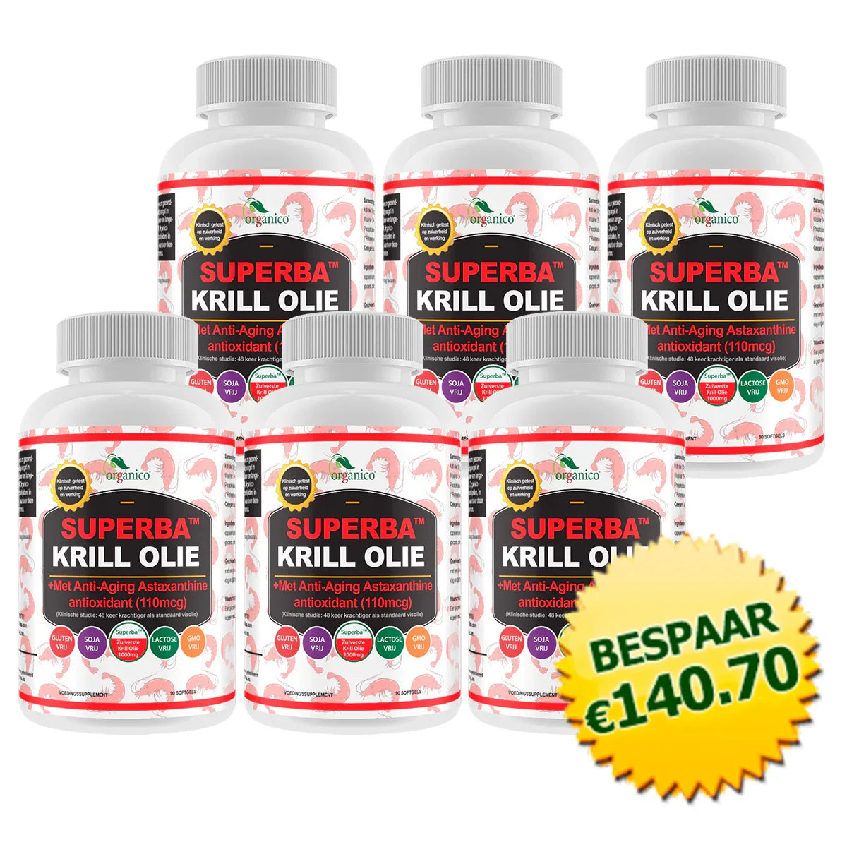 Zes potten Superba krill olie supplement, bespaar €140,70 dealbadge, voedingssupplement