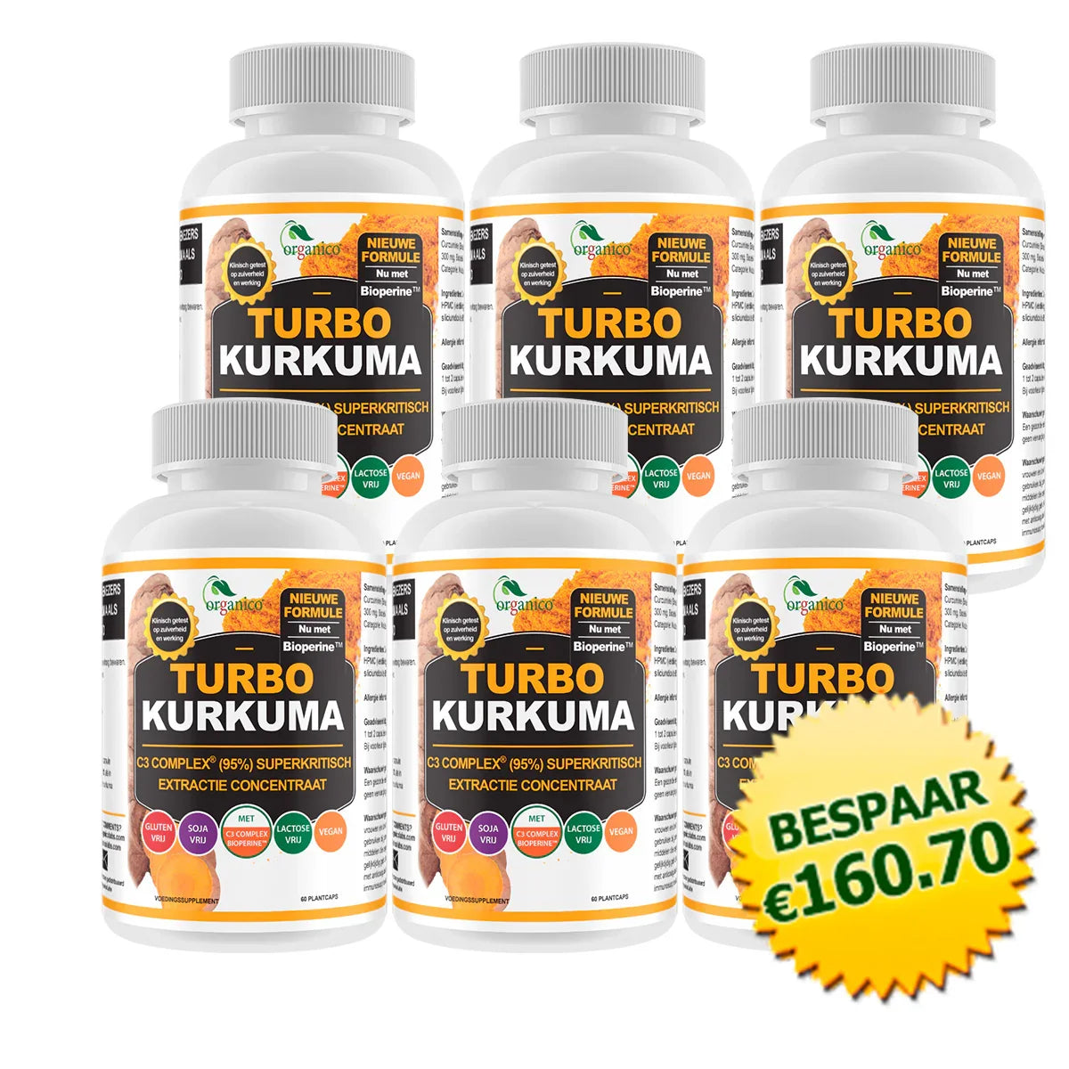 Zes potten Turbo Kurkuma supplement met bespaarsticker €160,70, curcumine capsules vegan