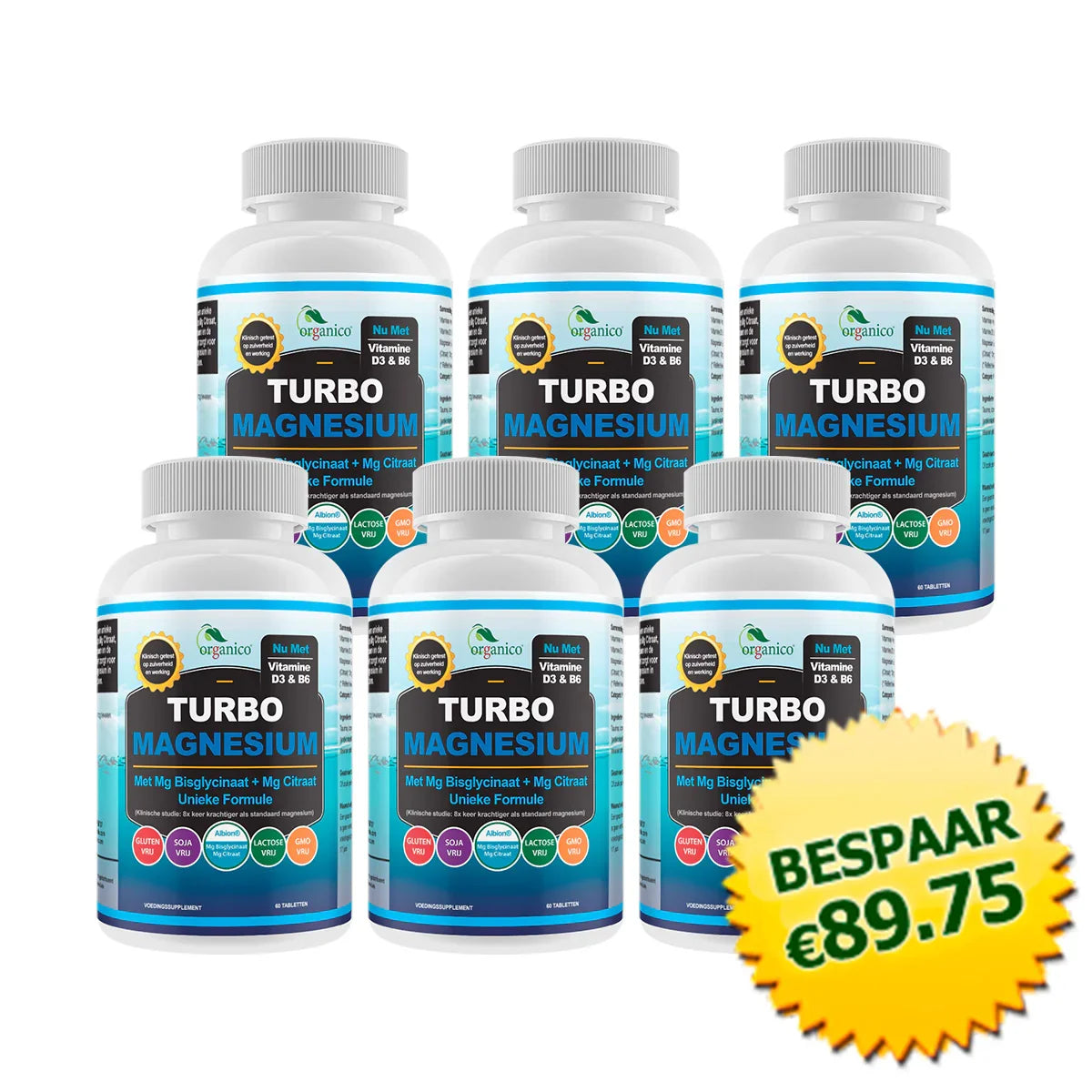 Zes potten Turbo Magnesium supplement Organico met bespaar €89,75 label