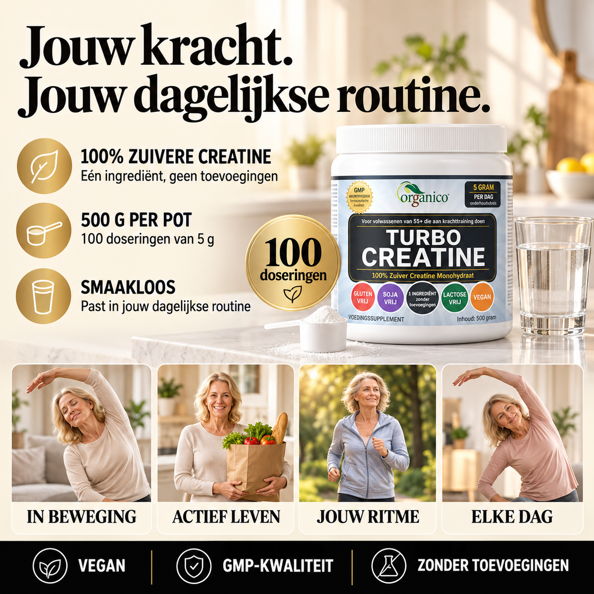 Organico Turbo Creatine 500 g: zuivere creatine voor jouw dagelijkse routine, met 100 doseringen.