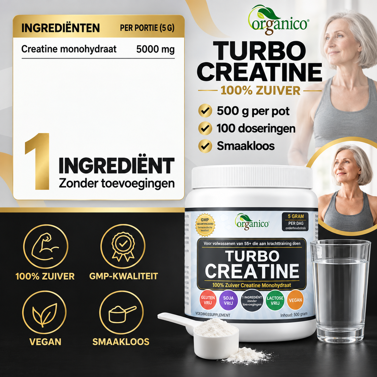 Ingrediënten Organico Turbo Creatine: 5000 mg creatine monohydraat per portie van 5 g, zonder toevoegingen.