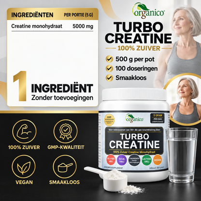 Ingrediënten Organico Turbo Creatine: 5000 mg creatine monohydraat per portie van 5 g, zonder toevoegingen.