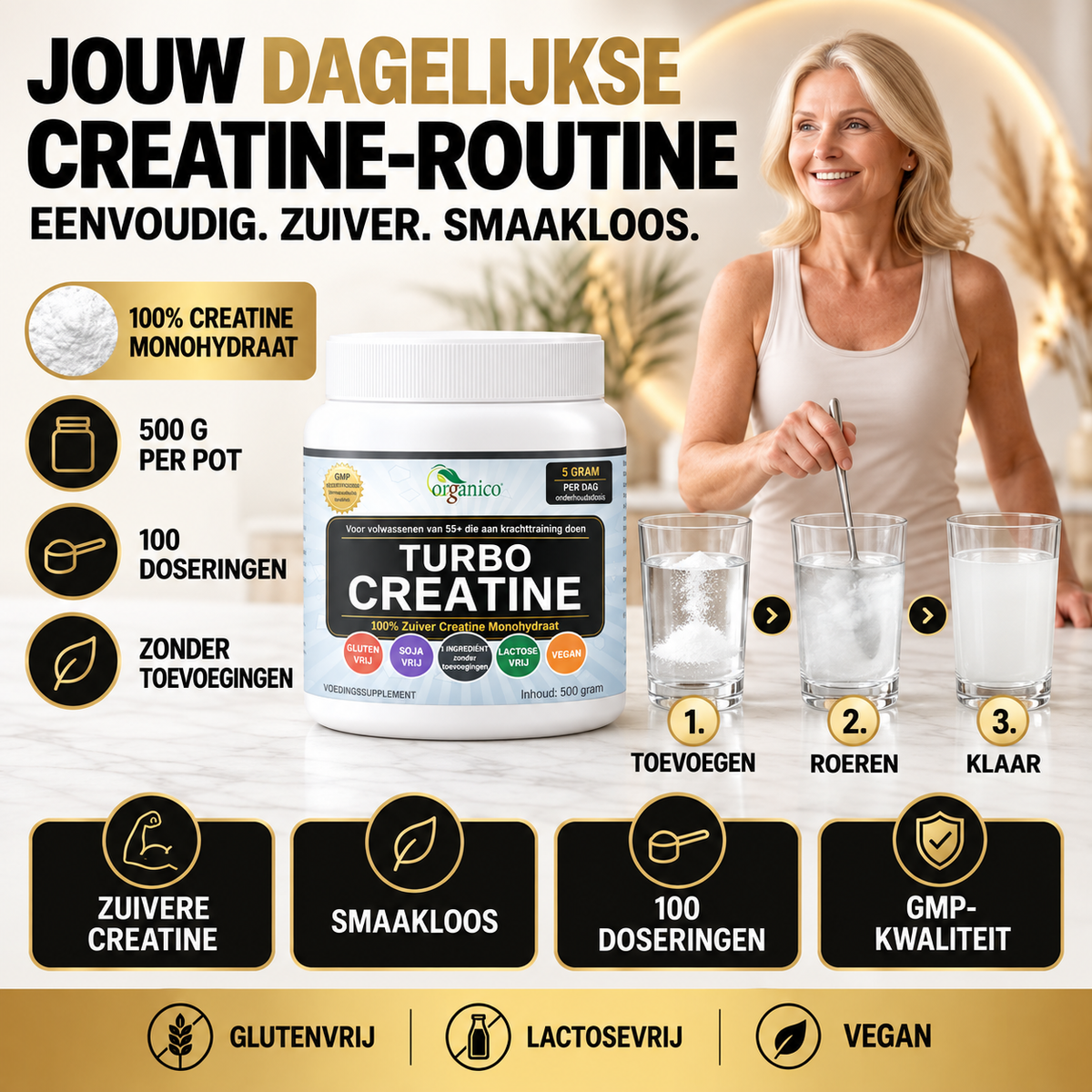 Organico Turbo Creatine mengen: poeder toevoegen, roeren en klaar.