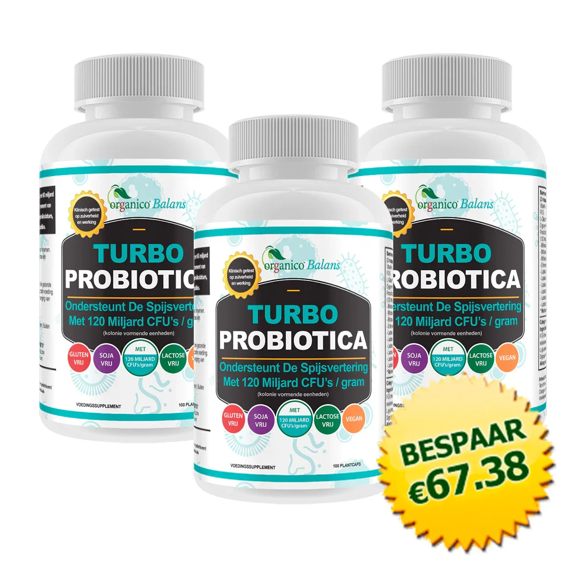 Drie potten Orgánico Balans Turbo Probiotica voedingssupplement, spijsvertering, bespaar €67,38