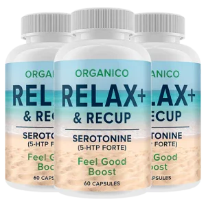 Drie potten Organico Relax+ & Recup serotonine supplementen capsules op strandachtergrond