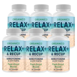 Zes potten Organico Relax+ & Recup serotonine supplement capsules op witte achtergrond