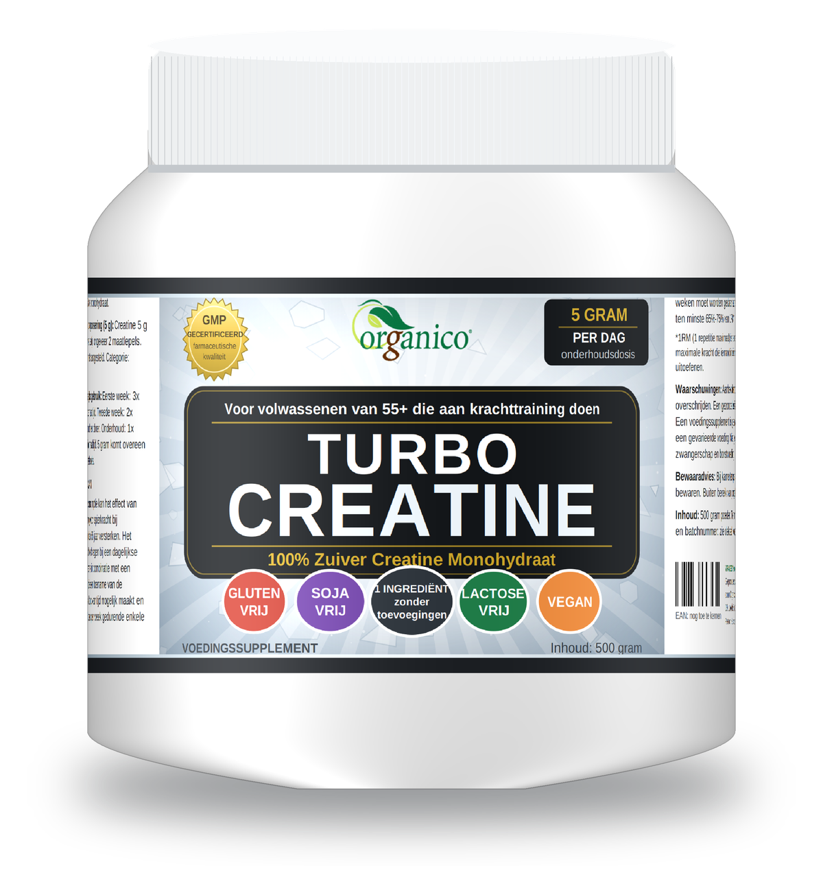 Organico Turbo Creatine pot 500 gram, 100% zuiver creatine monohydraat, glutenvrij, sojavrij, lactosevrij, vegan