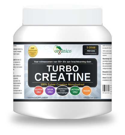 Organico Turbo Creatine pot 500 gram, 100% zuiver creatine monohydraat, glutenvrij, sojavrij, lactosevrij, vegan