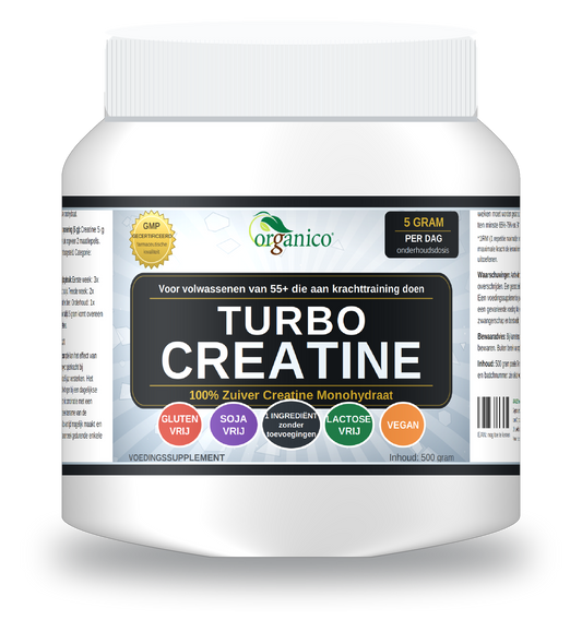 Organico Turbo Creatine pot 500 gram, 100% zuiver creatine monohydraat, glutenvrij, sojavrij, lactosevrij, vegan