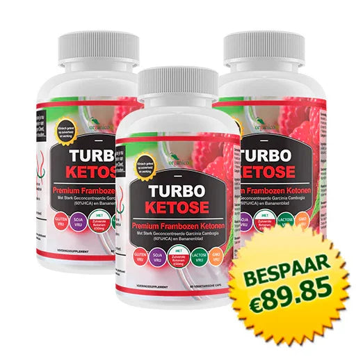 Drie flessen Turbo Ketose frambozen ketonen supplement met bespaar €89.85 sticker
