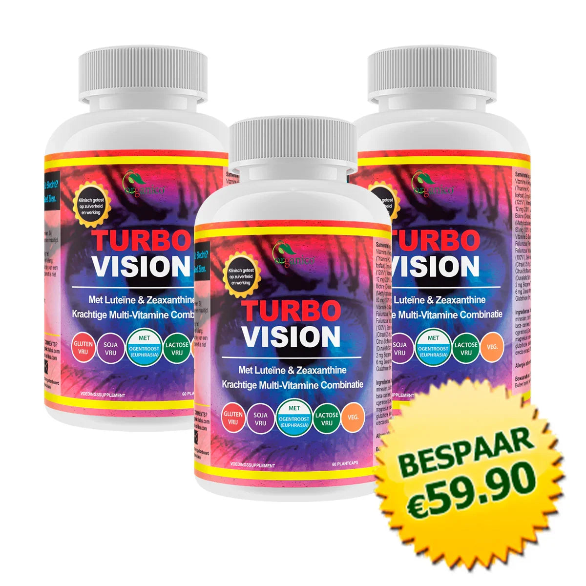 Drie Turbo Vision supplement flessen met luteïne en zeaxanthine, bespaar €59,90 sticker